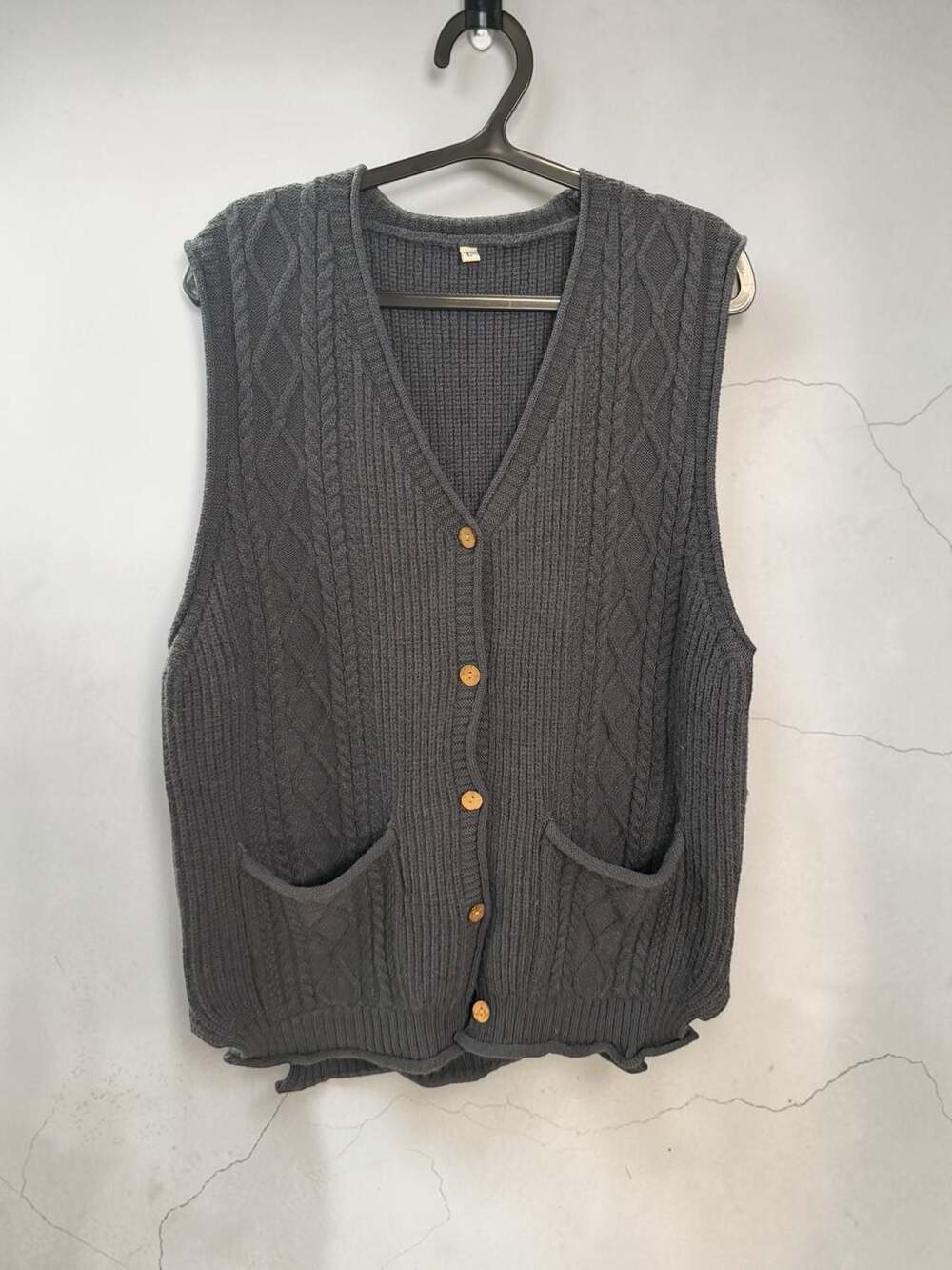 Charcoal Grey Cable‎ Knit Button Front Sweater Vest with Pockets Size L
